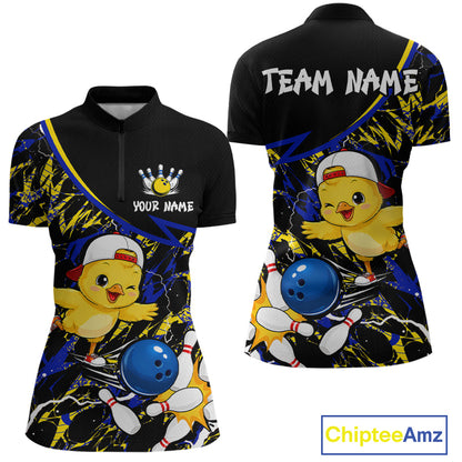 Bowling-themed shirt with cartoon chicken design and customizable text on a black background