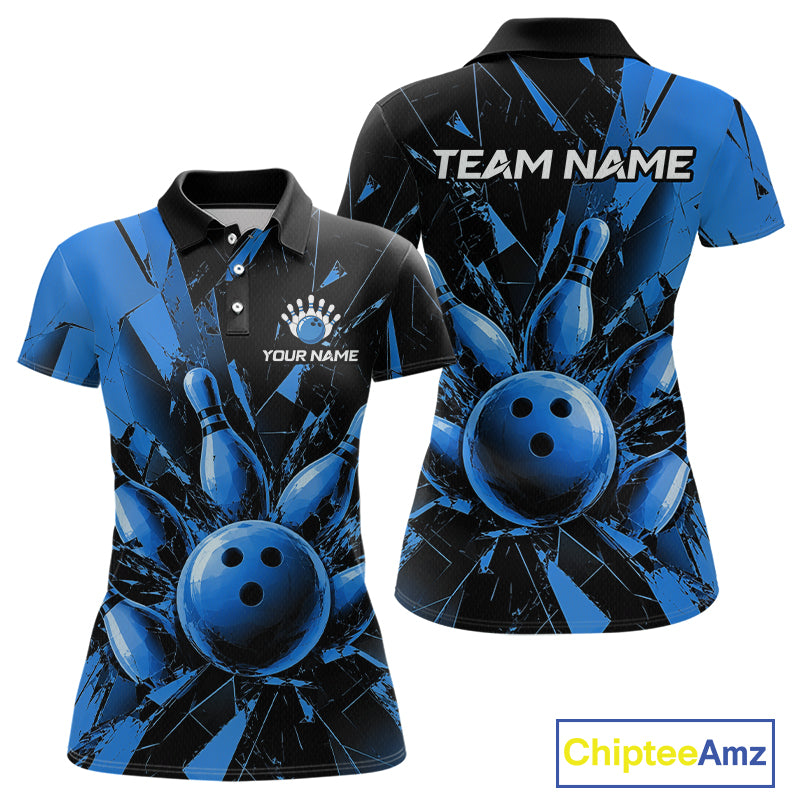 Custom short-sleeve polo shirt shown from the front and back, featuring a blue and black shattered glass design with bowling balls and pins, customizable text on the chest and back, and a ChipteeAmz logo in the bottom right corner.