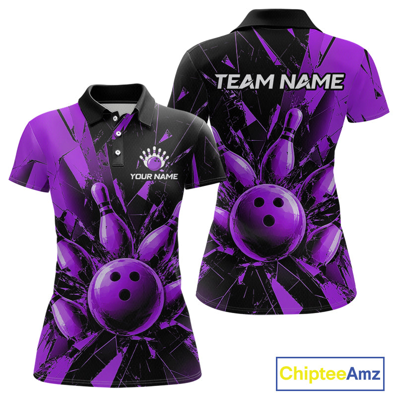 Custom short-sleeve polo shirt shown from the front and back, featuring a purple and black bowling-themed graphic with bowling balls and pins on a cracked glass pattern. The front has placeholder text 'YOUR NAME' and a crown logo, and the back has 'TEAM NAME'.
