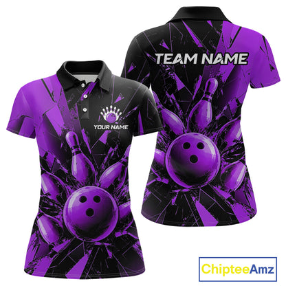 Custom short-sleeve polo shirt shown from the front and back, featuring a purple and black bowling-themed graphic with bowling balls and pins on a cracked glass pattern. The front has placeholder text 'YOUR NAME' and a crown logo, and the back has 'TEAM NAME'.