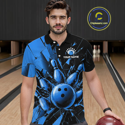 A man wearing a custom bowling-themed polo shirt with a blue and black shattered glass design featuring a bowling ball graphic. The shirt has a black collar and sleeve cuffs, with a white customizable name printed on the chest.