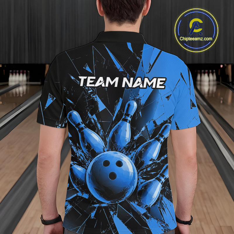 A man viewed from behind wearing a custom bowling-themed short-sleeve polo shirt. The shirt features a black and blue graphic design with a bowling ball and pins, and the text 'TEAM NAME'.