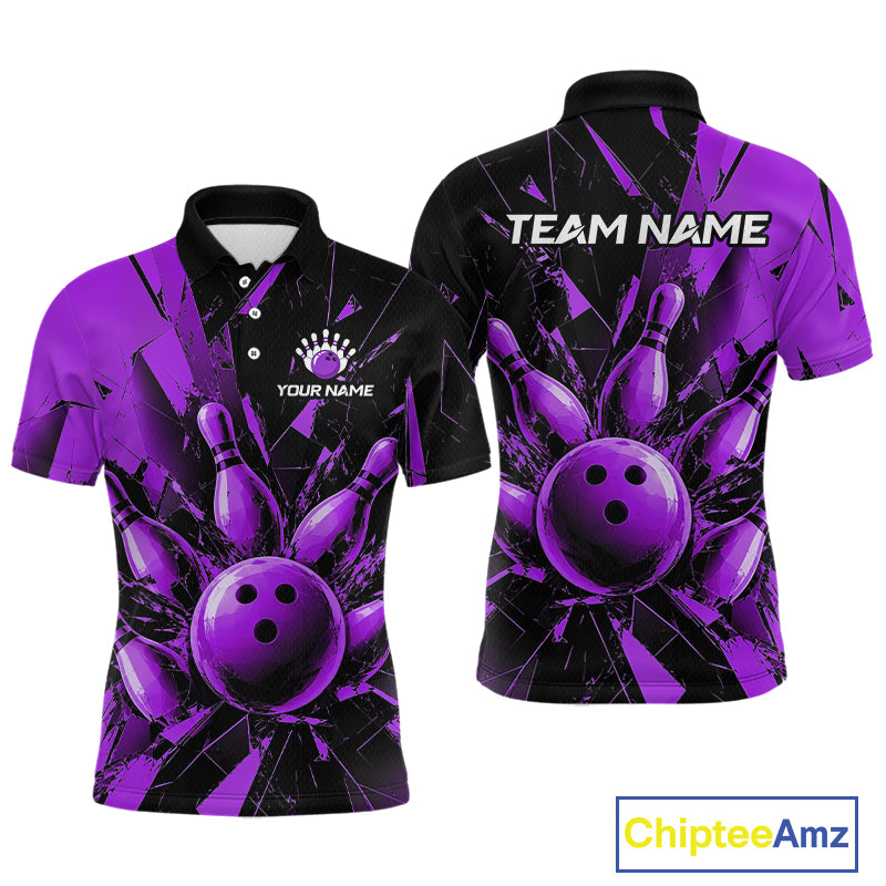 Front and back views of a short-sleeve polo shirt with a purple and black bowling theme, featuring a bowling ball and pins graphic, customizable text, and a ChipteeAmz logo in the bottom right corner.