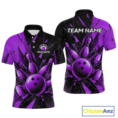 Front and back views of a short-sleeve polo shirt with a purple and black bowling theme, featuring a bowling ball and pins graphic, customizable text, and a ChipteeAmz logo in the bottom right corner.