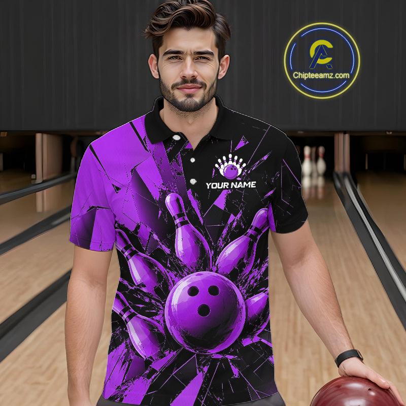 A man wearing a black and purple bowling-themed short-sleeve polo shirt with a bowling pin and ball graphic, standing in a bowling alley. A circular 'Chipteeamz.