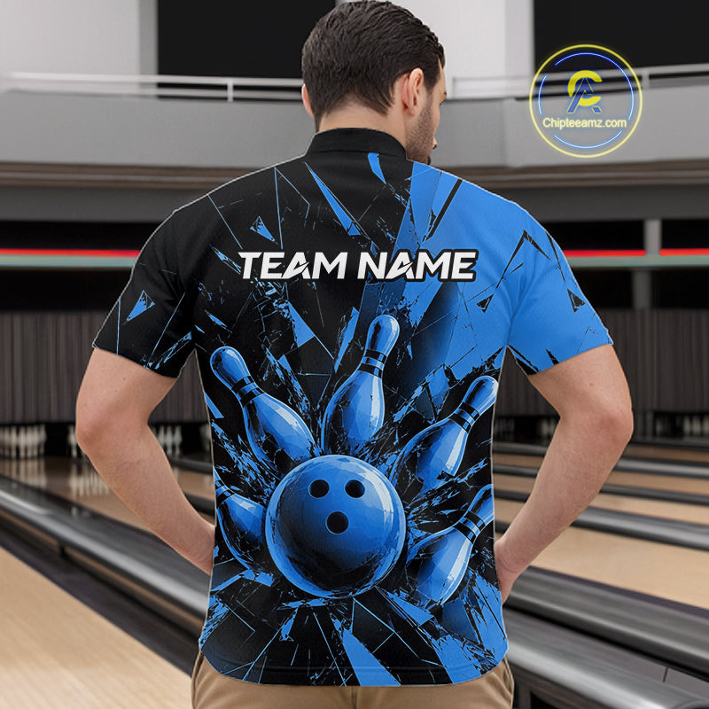 A man viewed from behind wearing a custom bowling-themed short-sleeve shirt with a blue and black graphic of bowling pins and a bowling ball, with 'TEAM NAME' printed on the back. The background shows bowling lanes.