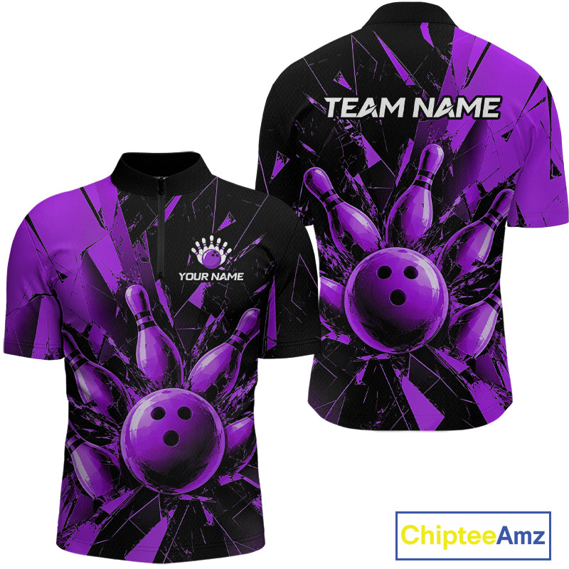 A short-sleeve bowling-themed polo shirt shown from both front and back on a white background. The design features a black base with a vibrant purple cracked-glass effect, a large purple bowling ball graphic, and customizable text placeholders reading 'TEAM NAME' and 'YOUR NAME'.