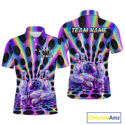 Custom neon cosmic bowling jersey for men, personalized team bowling polo shirt front view and back view