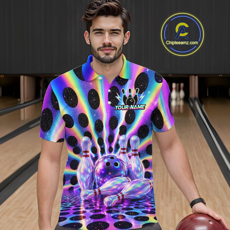 Men’s neon cosmic bowling polo shirt, front view on male model in bowling lane 