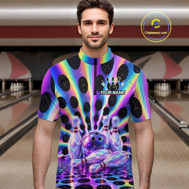 Men’s neon cosmic bowling quarter zip shirt, front view on male model in bowling lane 