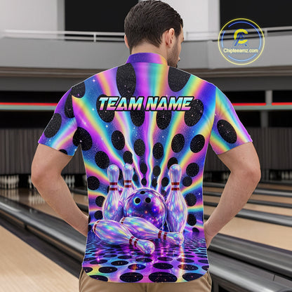 Men’s neon cosmic bowling quarter zip shirt, back view on male model in bowling lane 