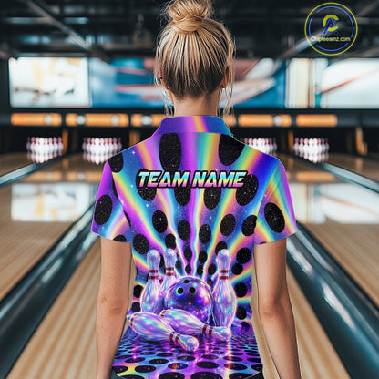 Women’s neon cosmic bowling quarter zip shirt, back view on female model in bowling lane 