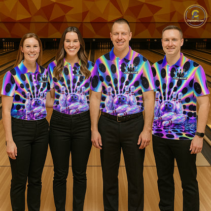 Group of bowlers in neon cosmic team shirts, personalized bowling uniforms front view.
