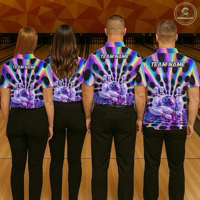 Group of bowlers inneon cosmic team shirts, personalized bowling uniforms back view.