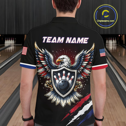 Person wearing a black bowling shirt with an eagle design and 'Team Name' text at a bowling alley.