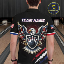 Load image into Gallery viewer, Person wearing a black bowling shirt with an eagle design and 'Team Name' text at a bowling alley.