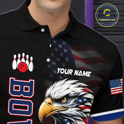 Black polo shirt with American flag design, eagle, and bowling elements, featuring 'Your Name' text.