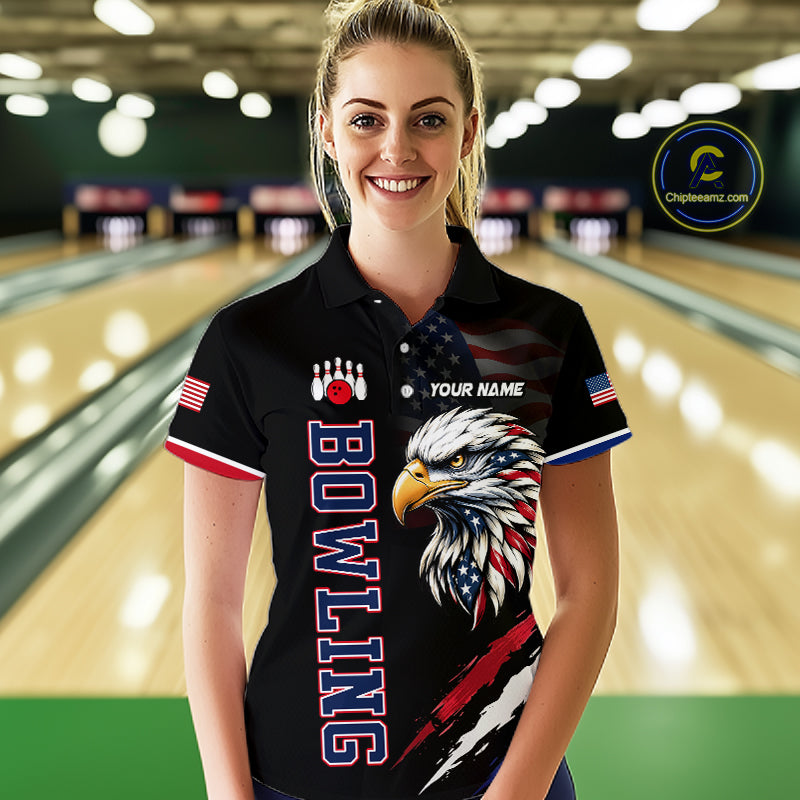Woman wearing a personalized bowling shirt with an eagle design in a bowling alley.