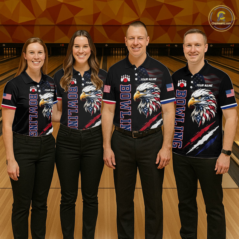 Four people wearing bowling shirts with eagle designs on a bowling alley.