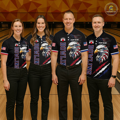 Four people wearing bowling shirts with eagle designs on a bowling alley.