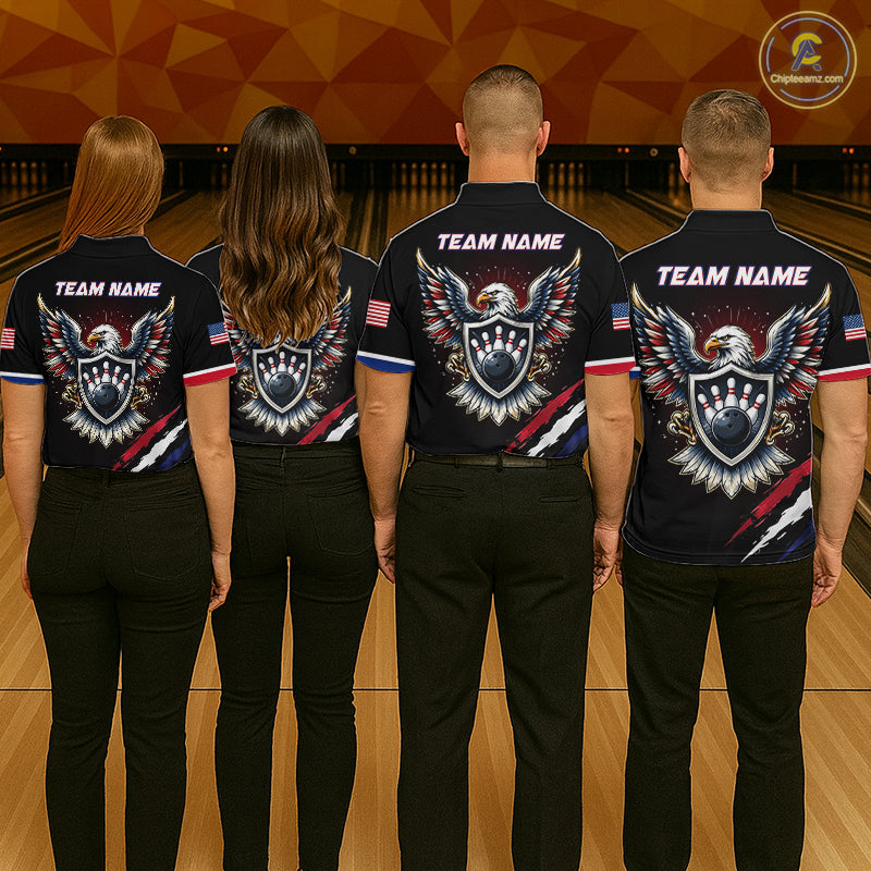 Four people wearing bowling shirts with team logos on a bowling alley.
