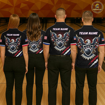 Four people wearing bowling shirts with team logos on a bowling alley.