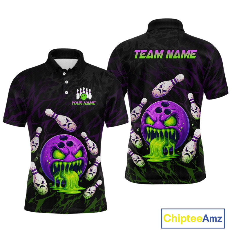 Black bowling-themed polo shirt with colorful design on front and back, featuring 'Team Name' text.
