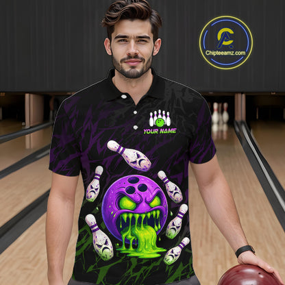 Man wearing a black bowling-themed shirt with colorful designs in a bowling alley.