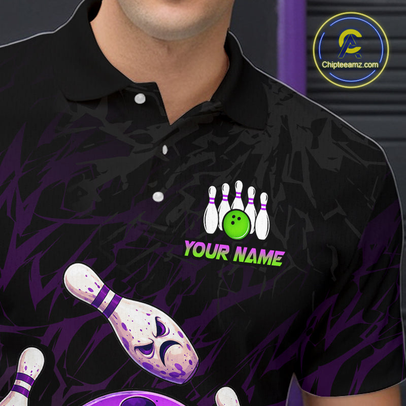 Black polo shirt with bowling design and 'Your Name' text, featuring a visible brand logo.