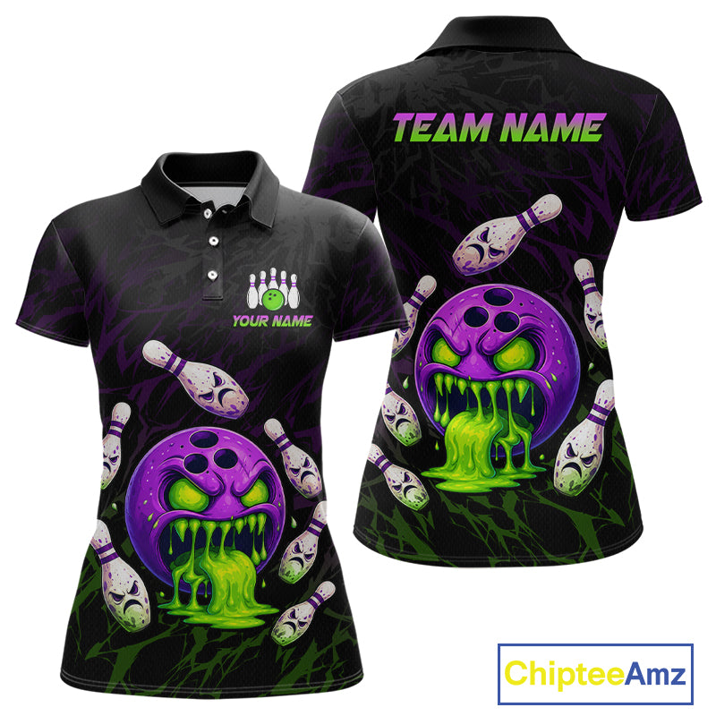 Black polo shirt with colorful bowling design and 'Team Name' text on a white background
