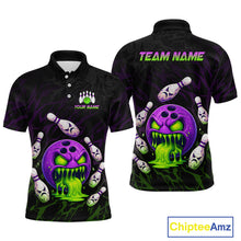 Load image into Gallery viewer, Black bowling-themed polo shirt with colorful design on front and back, featuring 'Team Name' text.