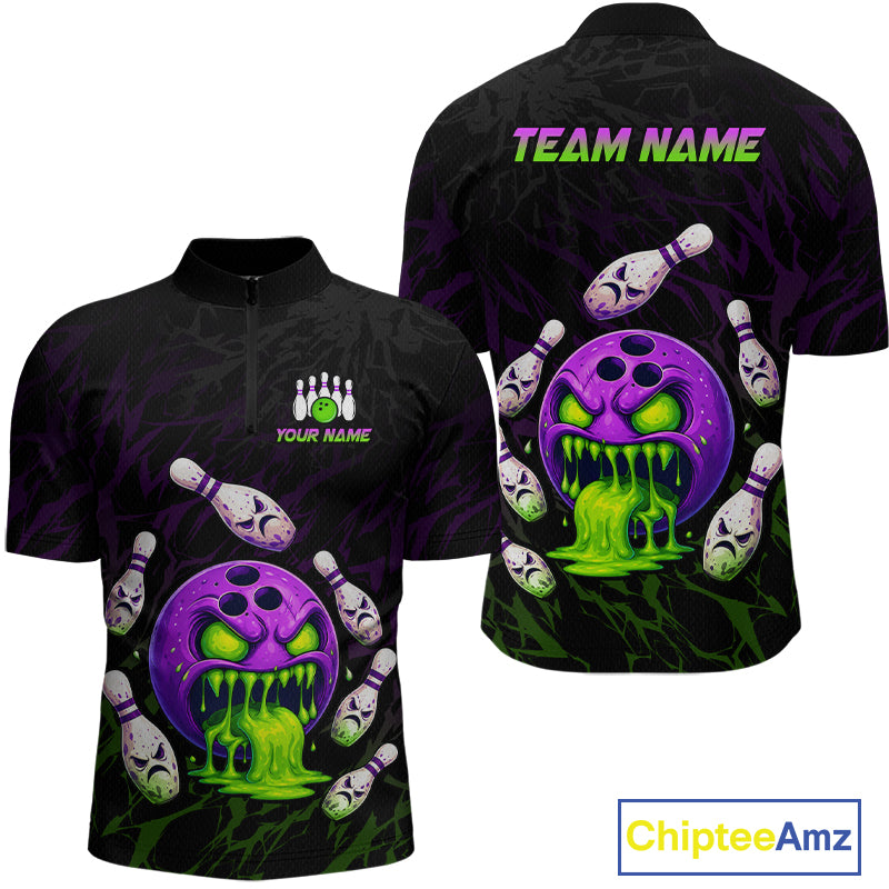 Black bowling-themed shirt with purple bowls and green text, featuring 'Chiptee Amz' branding.