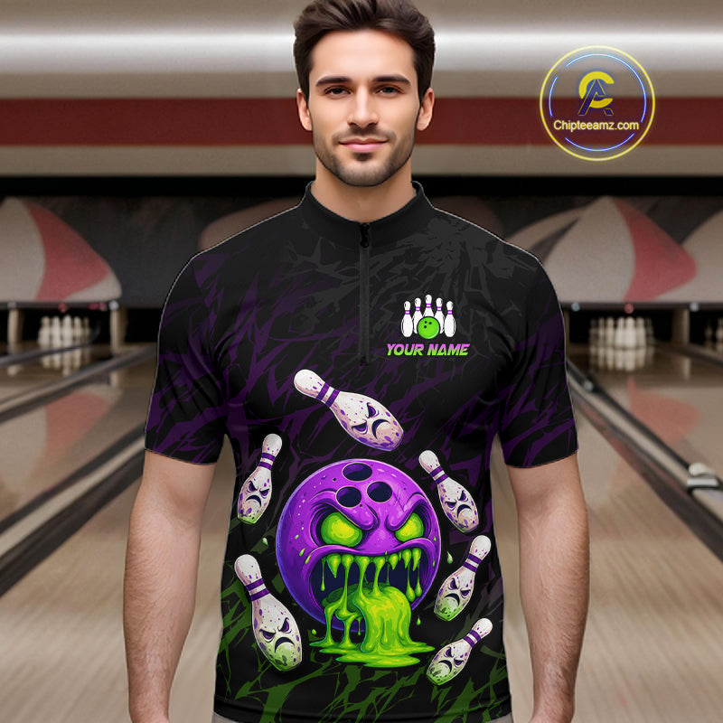 Man wearing a custom bowling shirt with a design and placeholder text 'Your Name' in a bowling alley.