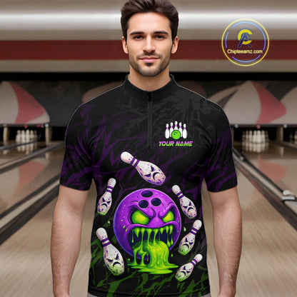 Man wearing a custom bowling shirt with a design and placeholder text 'Your Name' in a bowling alley.