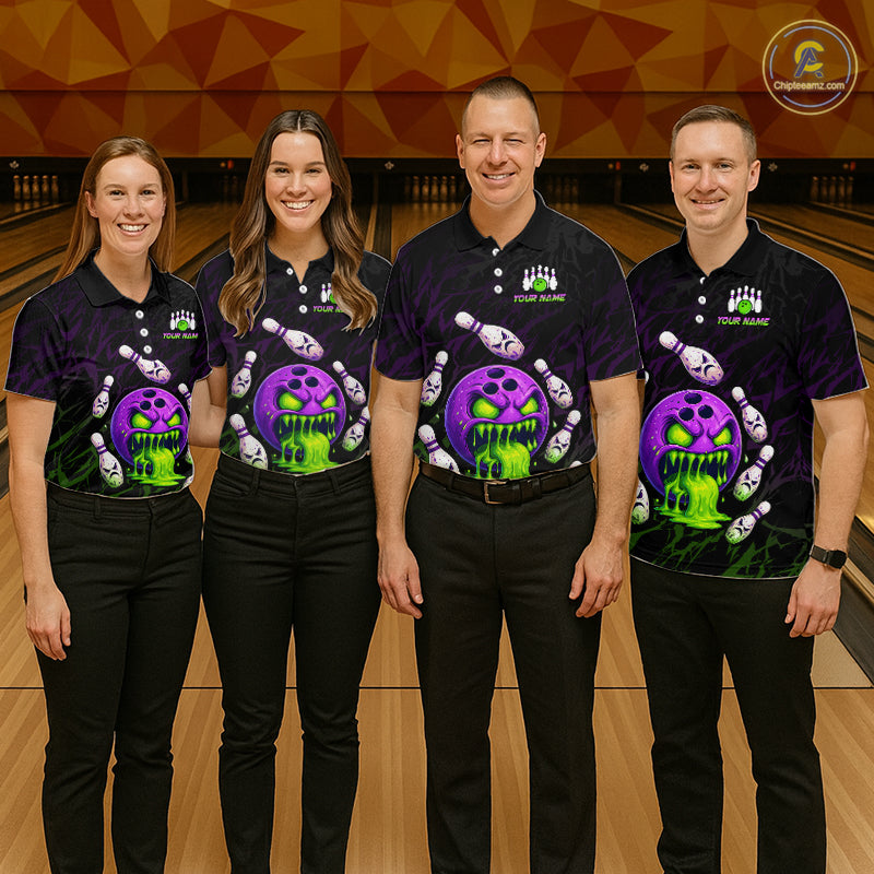 Four people wearing matching bowling shirts with a colorful design on a bowling alley.