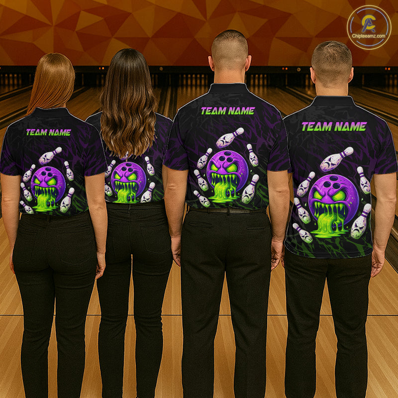 Four people wearing matching bowling shirts with a team name on a bowling alley.