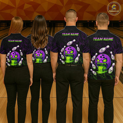 Four people wearing matching bowling shirts with a team name on a bowling alley.