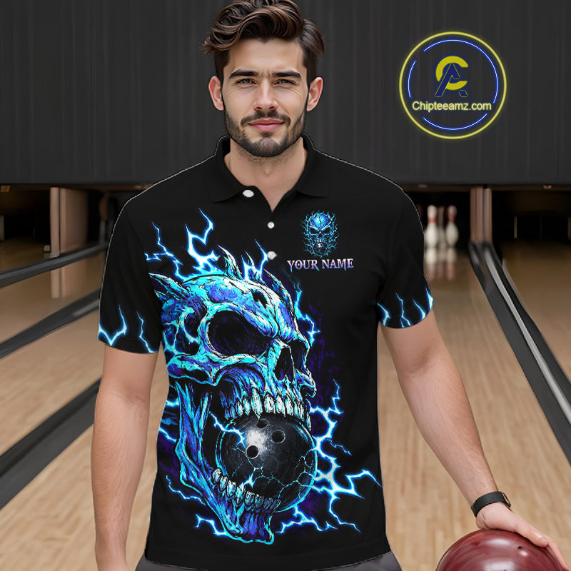 A man wearing a black short-sleeve polo shirt with a large blue and black skull graphic and lightning design, standing in a bowling alley holding a bowling ball. A circular 'ChipteeAmz'.