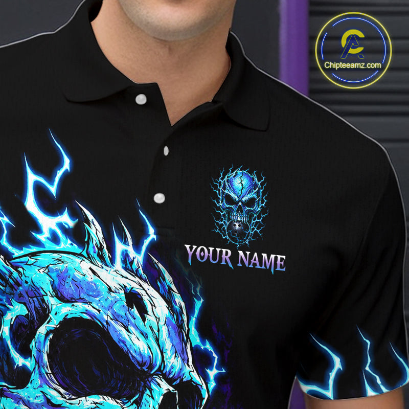 A man wearing a black polo shirt with a custom graphic design featuring a blue skull, lightning effects, and the text 'YOUR NAME'. A circular 'ChipteeAmz'.