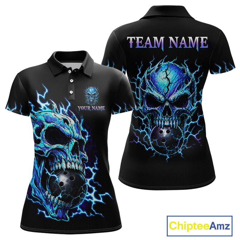 Black short-sleeve polo shirt shown from the front and back, featuring a large blue and black skull graphic with lightning effects and customizable text areas reading TEAM NAME and YOUR NAME. A ChipteeAmz logo appears in the bottom right corner.