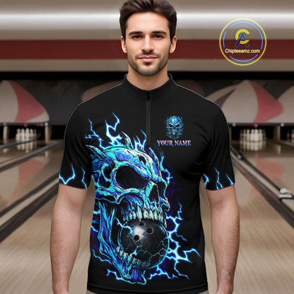 A man wearing a black short-sleeve quarter-zip bowling shirt with a large blue and black skull graphic and lightning details, standing in a bowling alley. A 'ChipteeAmz'.