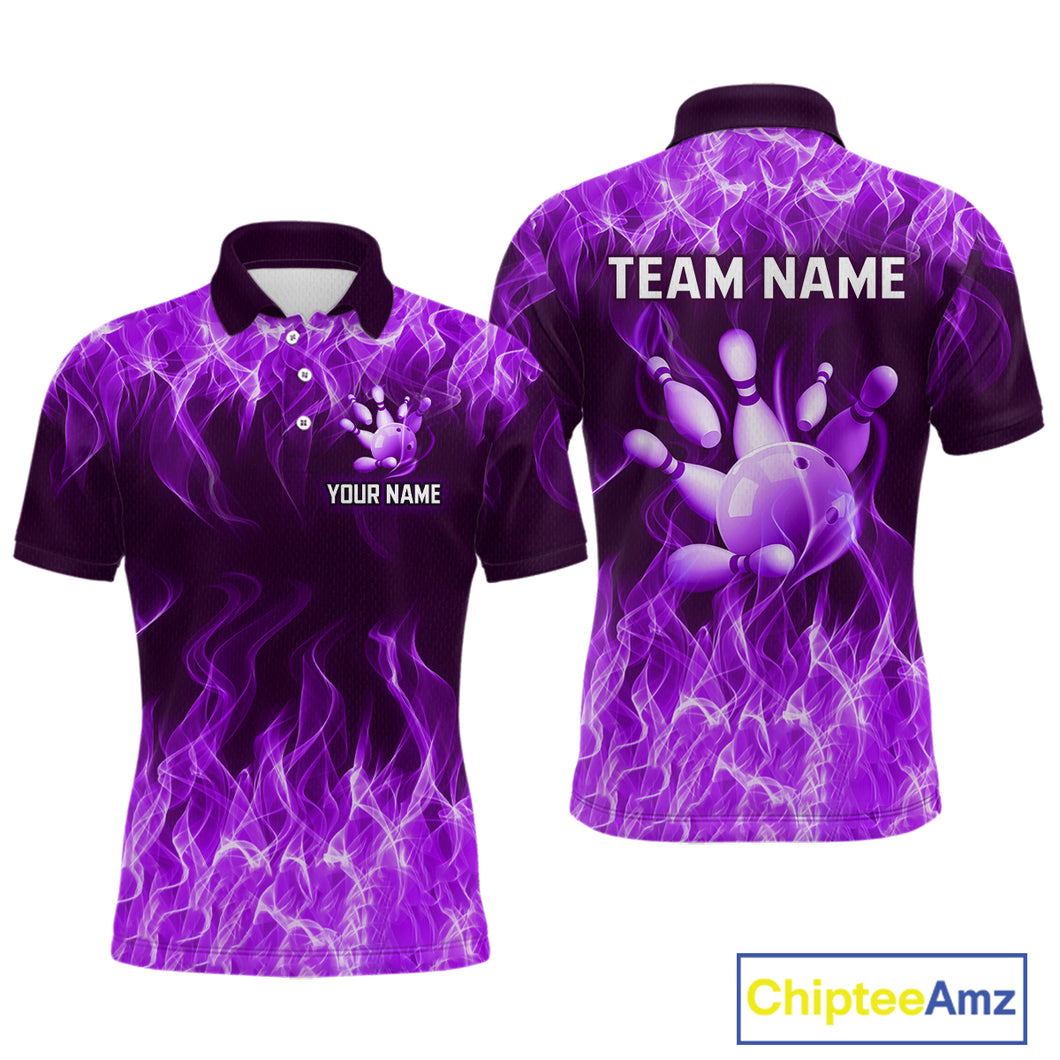 Custom Purple Flame Bowling Jersey for Men Polo & 1/4 Zip Bowling Team Shirts Bowling League HNT150