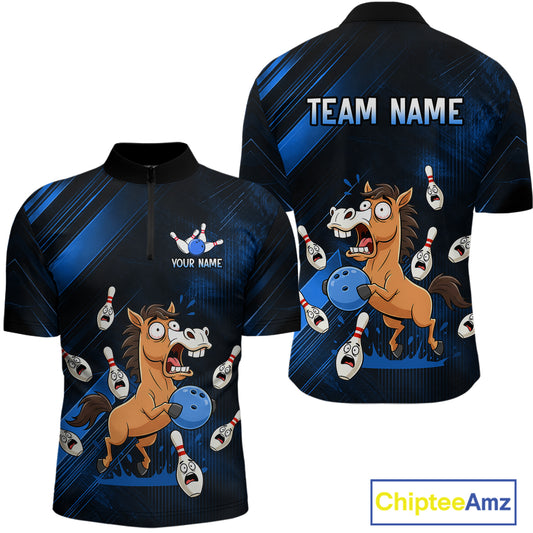 Custom Blue Funny Horse Bowling Jersey for Men Bowling Team Shirts Bowling Tournament HNT184