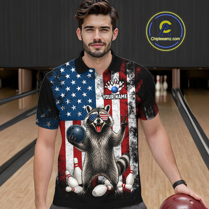 Men’s us flag raccoon bowling polo shirt, front view on male model in bowling lane 