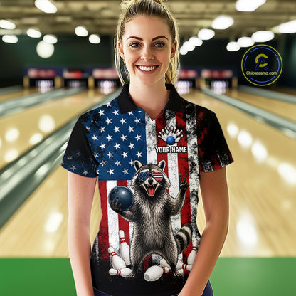 Women’s us flag raccoon bowling polo shirt, front view on female model in bowling lane 