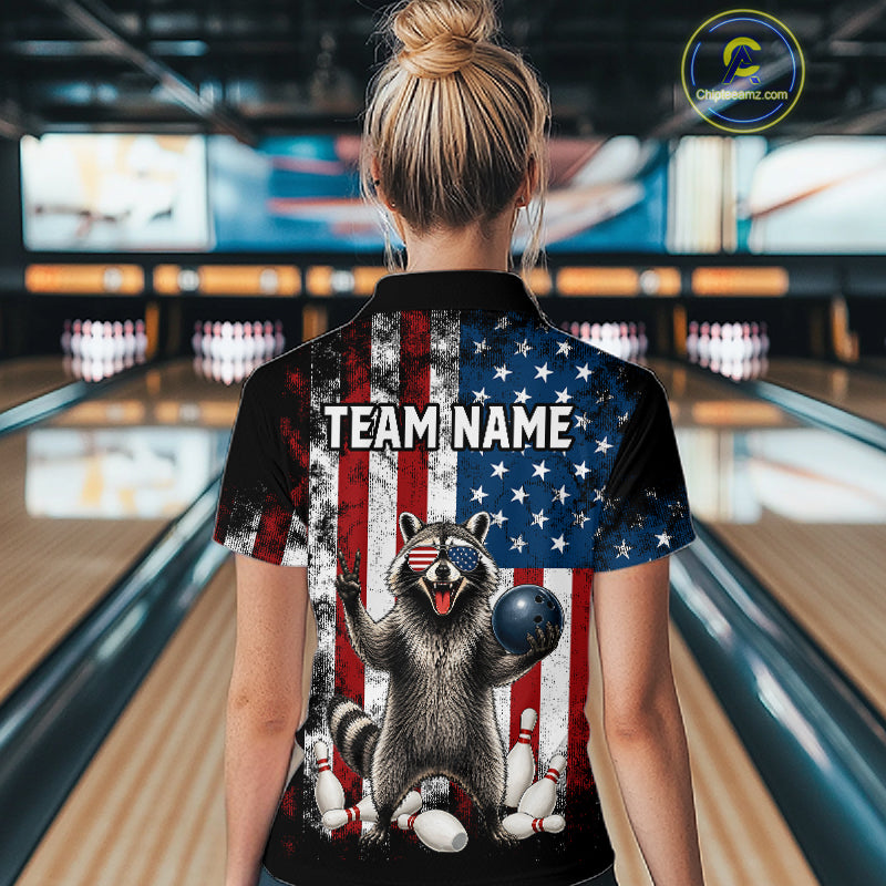 Women’s us flag raccoon bowling polo shirt, back view on female model in bowling lane 