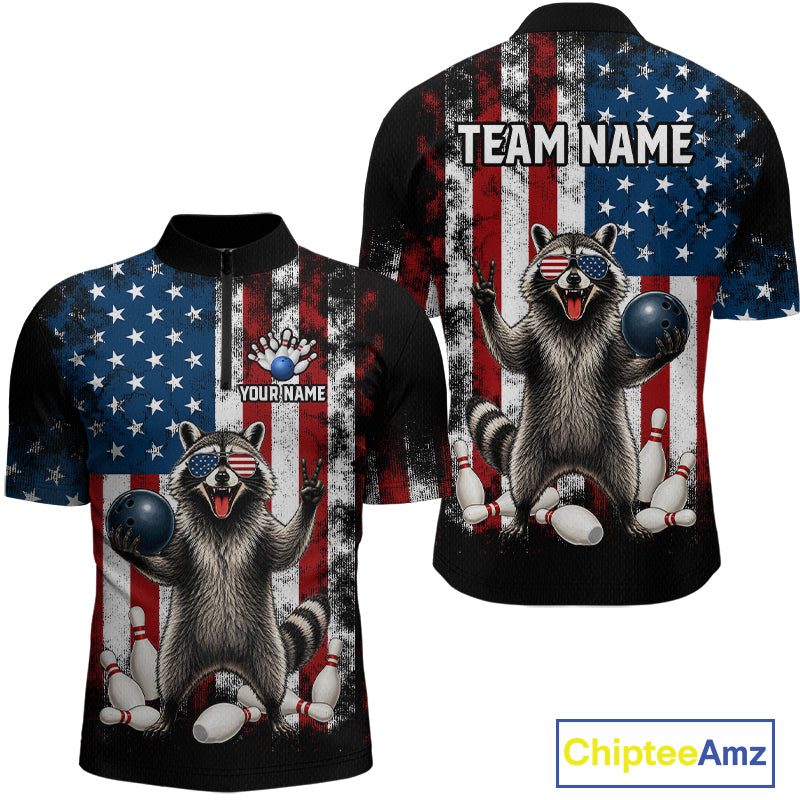 Custom us flag raccoon bowling jersey for men, personalized team bowling quarter zip shirt front view and back view