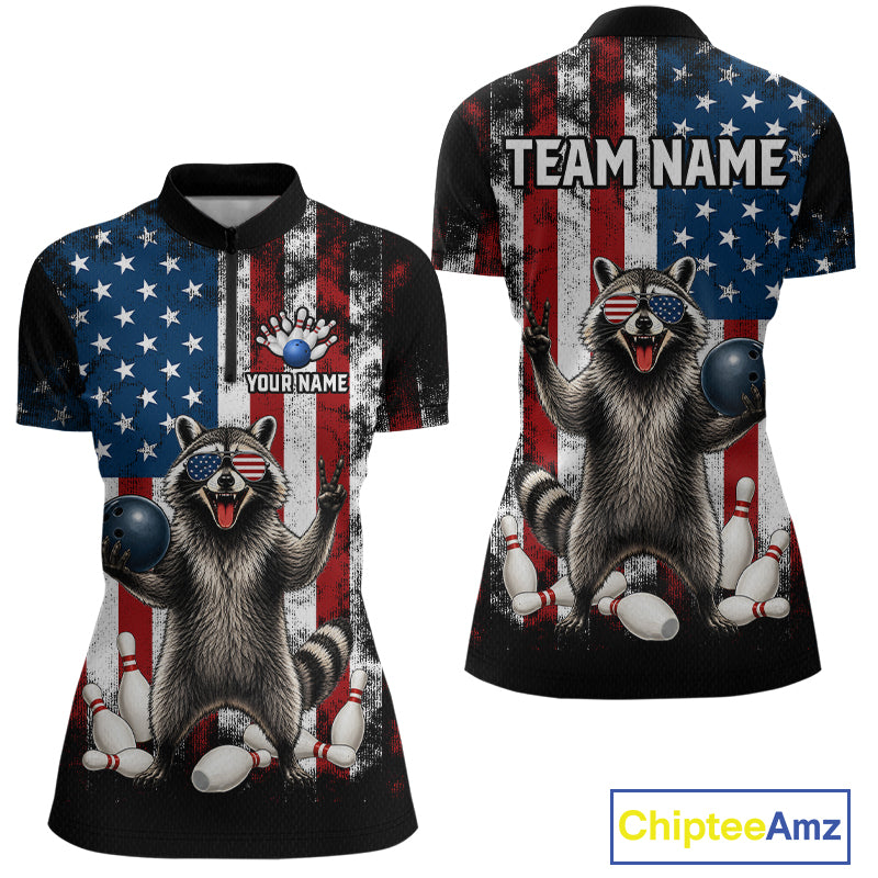 Custom us flag raccoon bowling jersey for women, personalized team bowling quarter zip shirt front view and back view