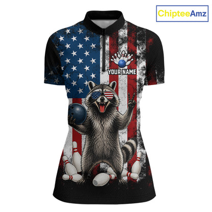 Custom us flag raccoon bowling jersey for women, personalized team bowling quarter zip shirt front view