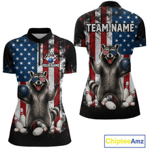 Load image into Gallery viewer, Custom us flag raccoon bowling jersey for women, personalized team bowling quarter zip shirt front view and back view